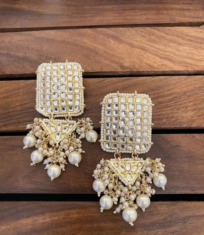 Tehzeeb Creations Jewellery Gold Tone Jadau Kundan & Pearls Large Drop Earrings For Women & Girls