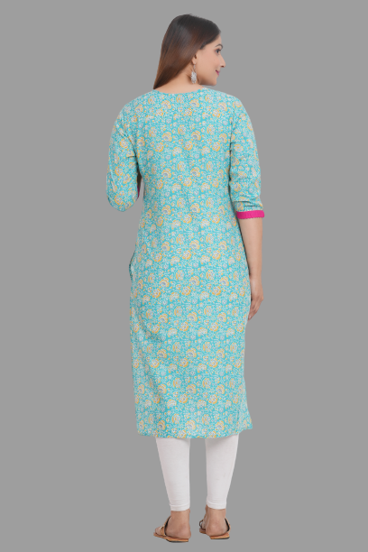 House of RP Women's AquaBlue Rayon Floral Print Kurta