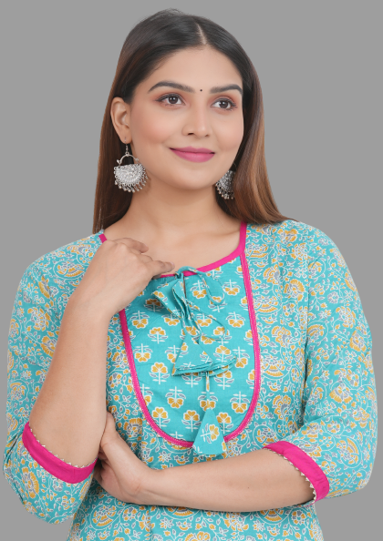 House of RP Women's AquaBlue Rayon Floral Print Kurta