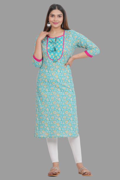 House of RP Women's AquaBlue Rayon Floral Print Kurta