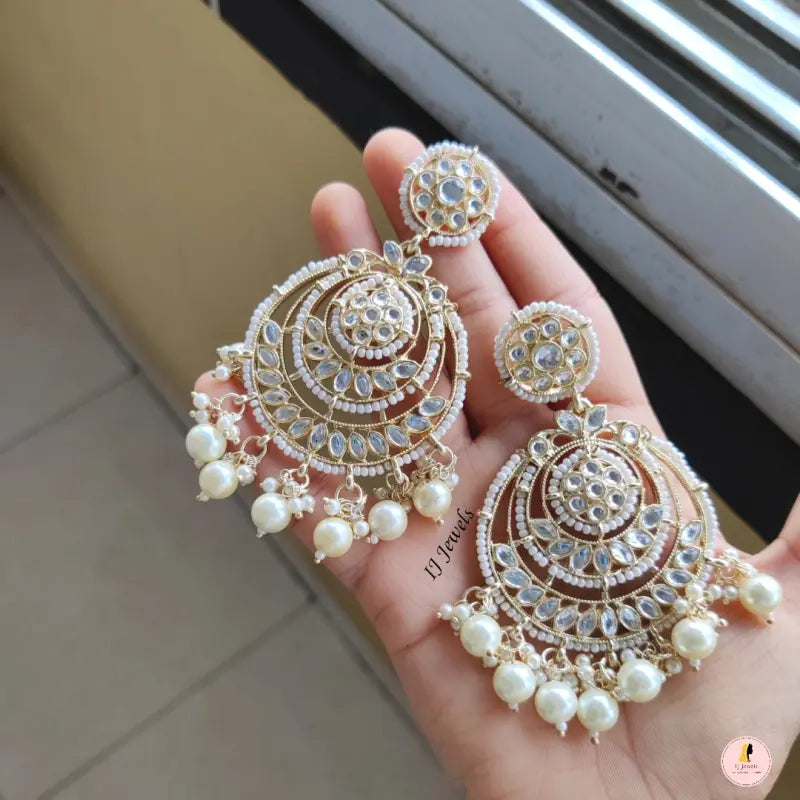 Tehzeeb Creations Gold-Polished Traditional Chandbali Drop Kundan & Pearl Earring For Women