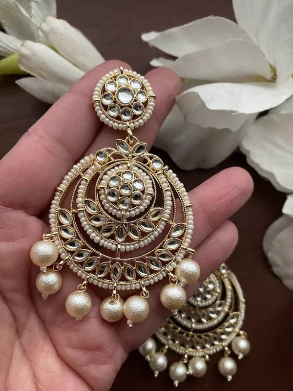 Tehzeeb Creations Gold-Polished Traditional Chandbali Drop Kundan & Pearl Earring For Women