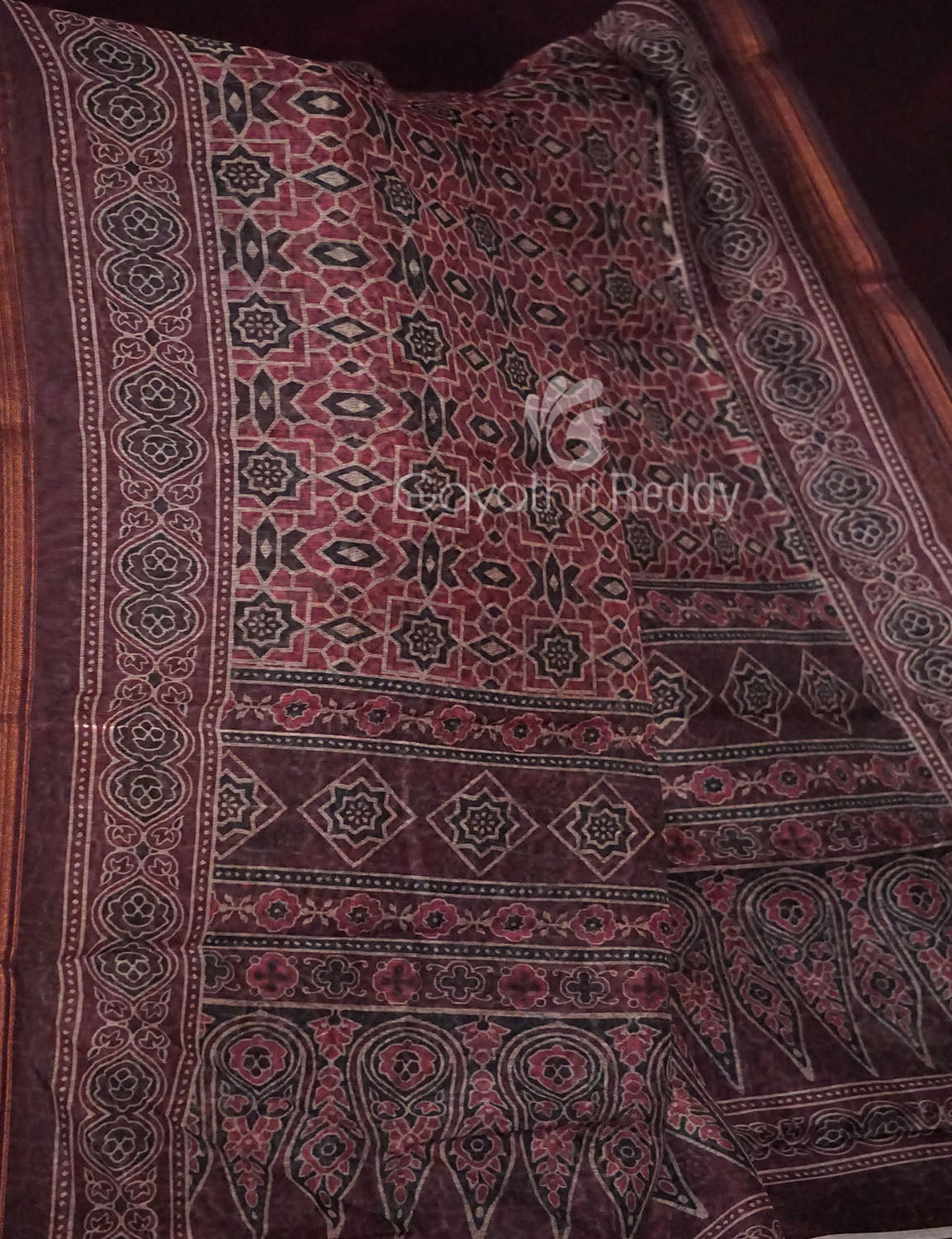 Red Onion Colour Ajrakh Design Semi Chanderi Saree By Gayathri Reddy Designer Studio