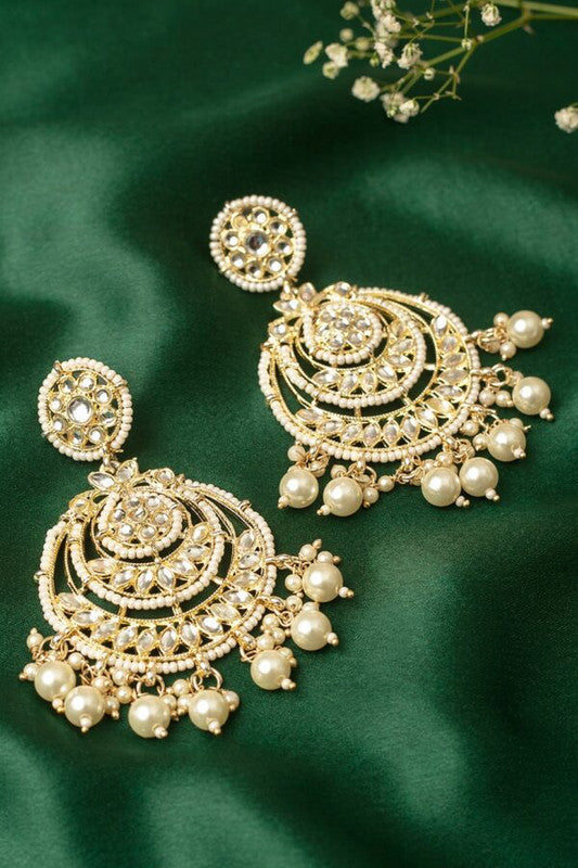 Tehzeeb Creations Gold-Polished Traditional Chandbali Drop Kundan & Pearl Earring For Women