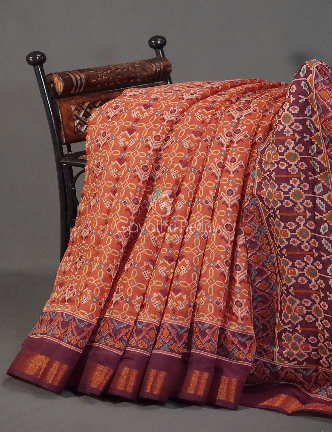 Orange And Mauve Burgundy Colour Patola Print Semi Chanderi Saree By Gayathri Reddy Designer Studio