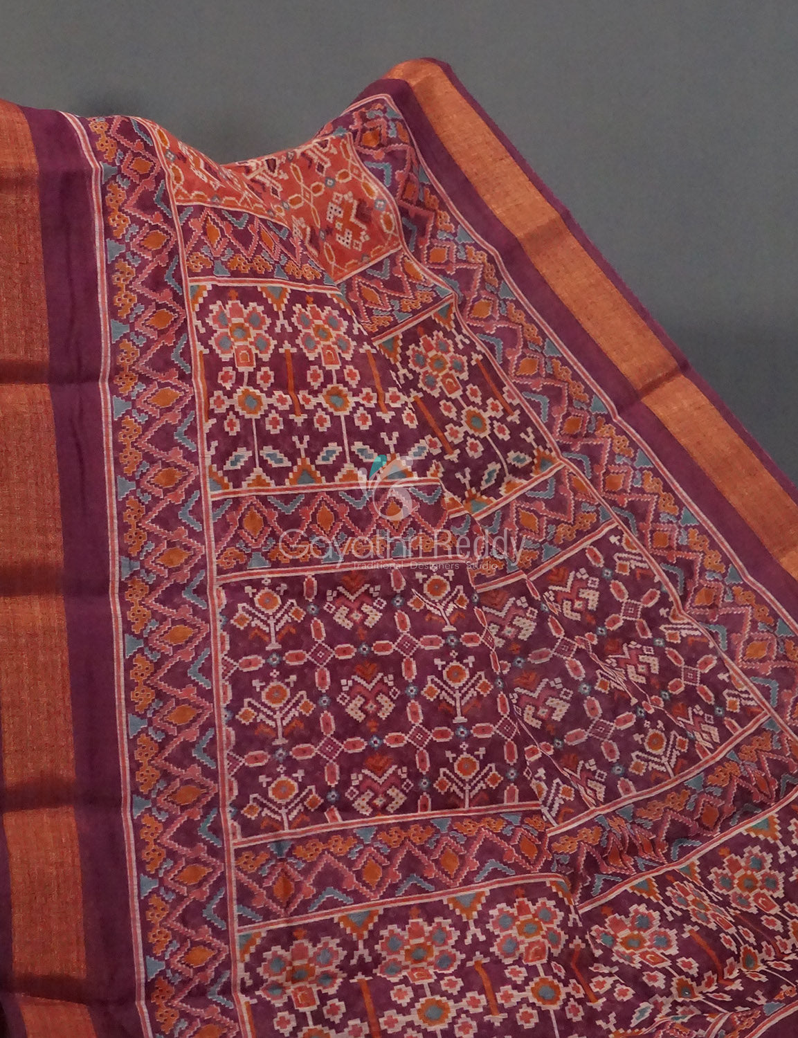 Orange And Mauve Burgundy Colour Patola Print Semi Chanderi Saree By Gayathri Reddy Designer Studio