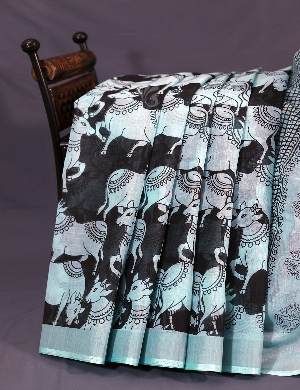 Gleaming Sea Blue And Black Pichwai Print Cotton Linen Saree By Gayathri Reddy Designer Studio
