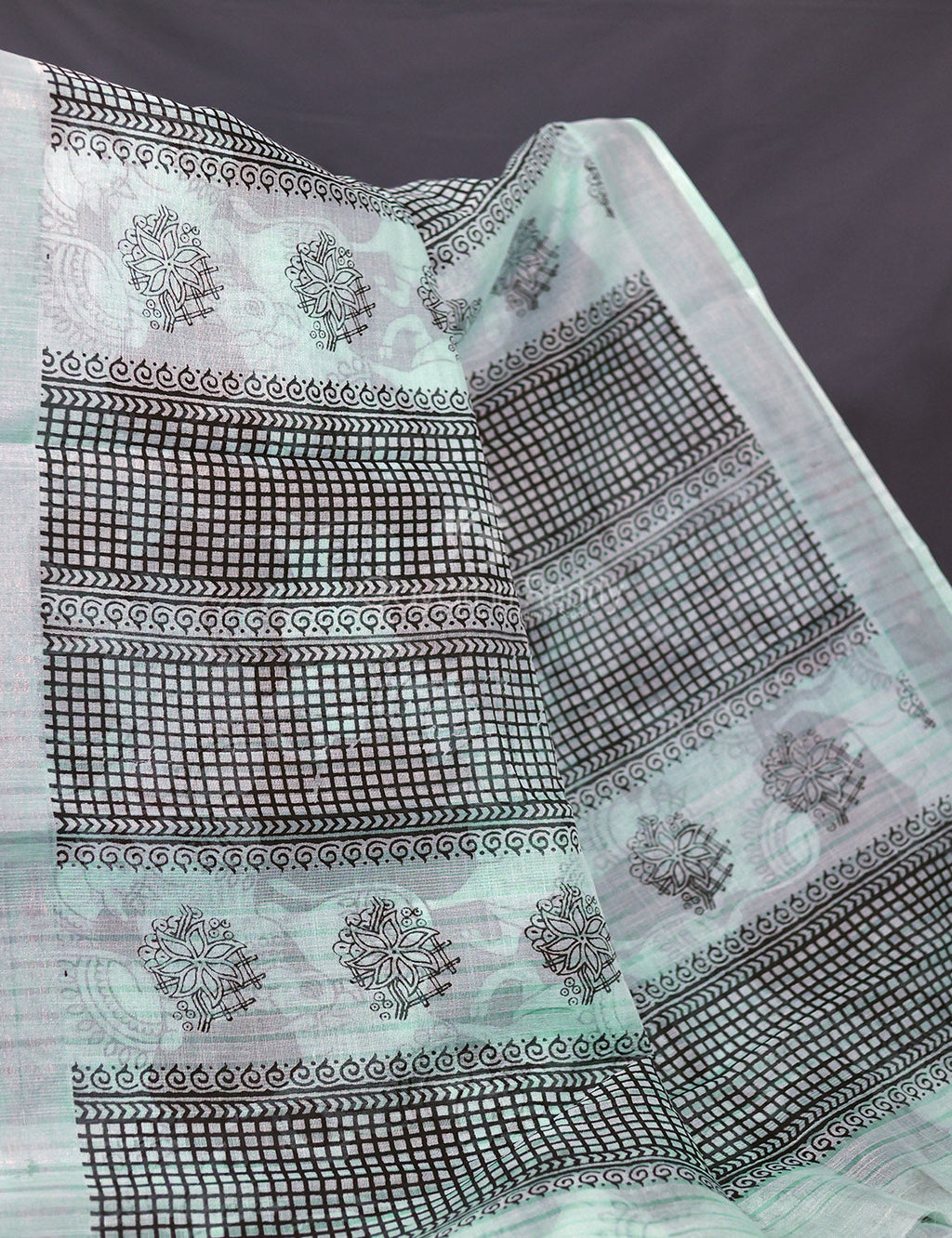 Gleaming Sea Blue And Black Pichwai Print Cotton Linen Saree By Gayathri Reddy Designer Studio