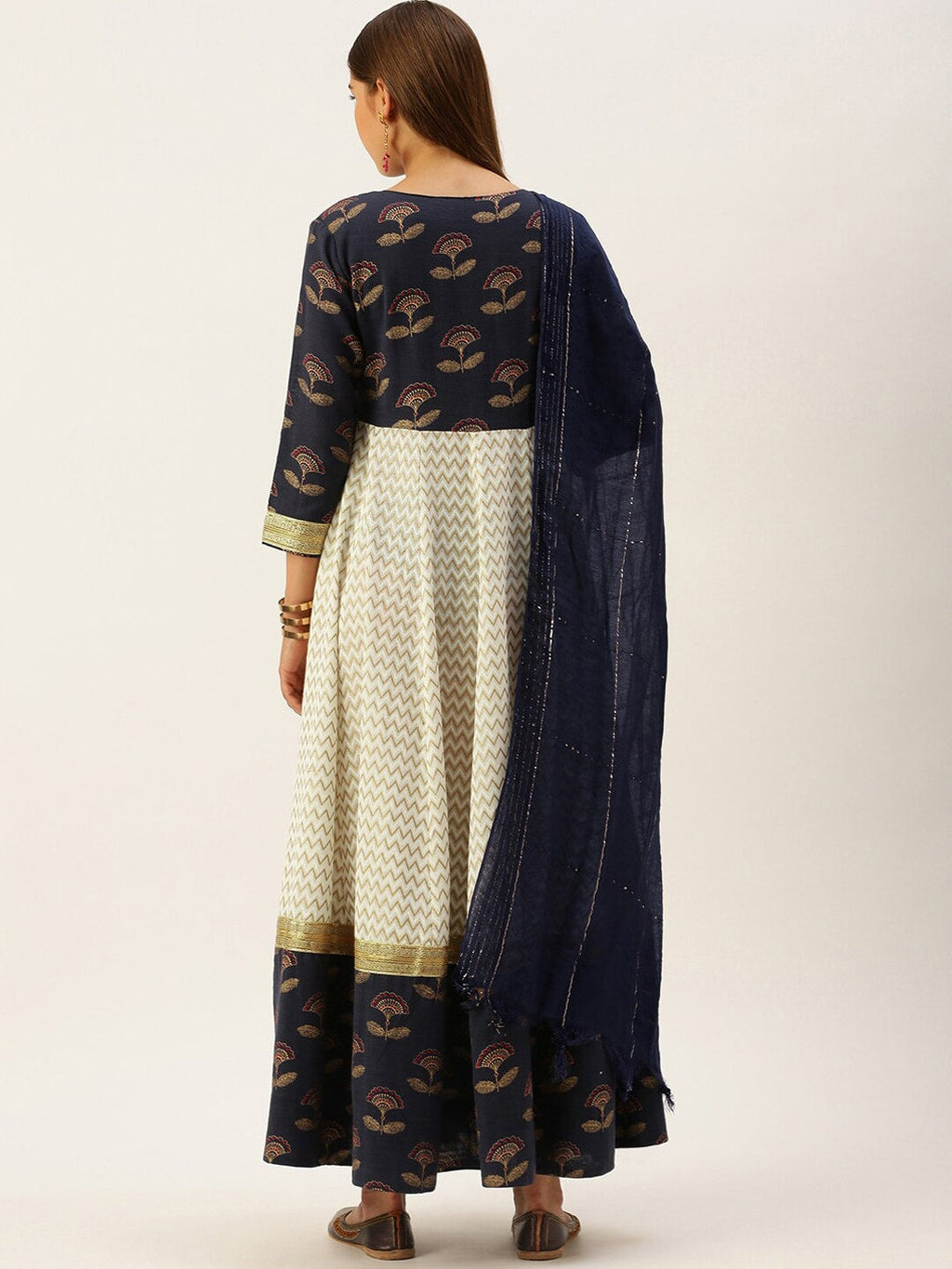 HERE&NOW Women Blue & Cream-Coloured Ethnic Motifs Printed Anarkali Kurta With Dupatta
