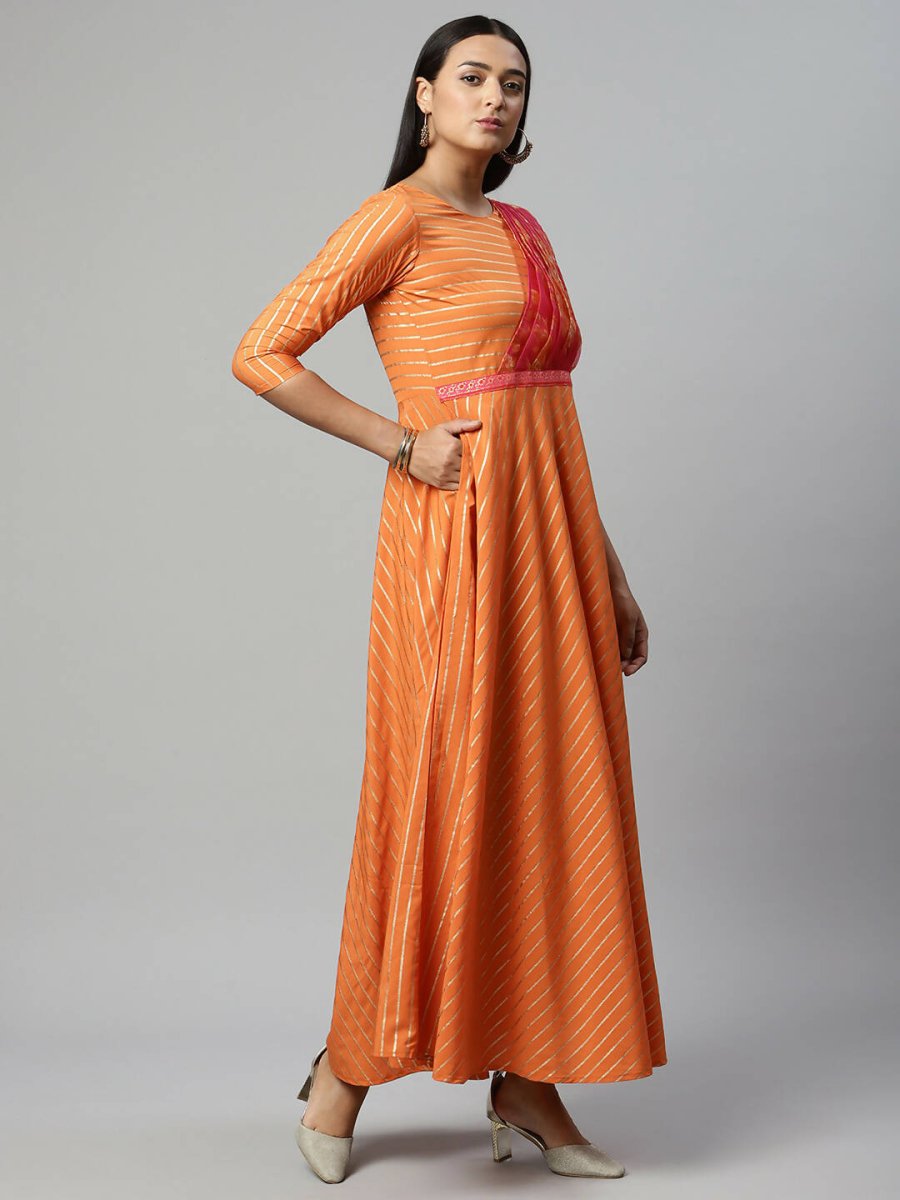 Ahalyaa Women's Orange Crepe Gold Print Dress