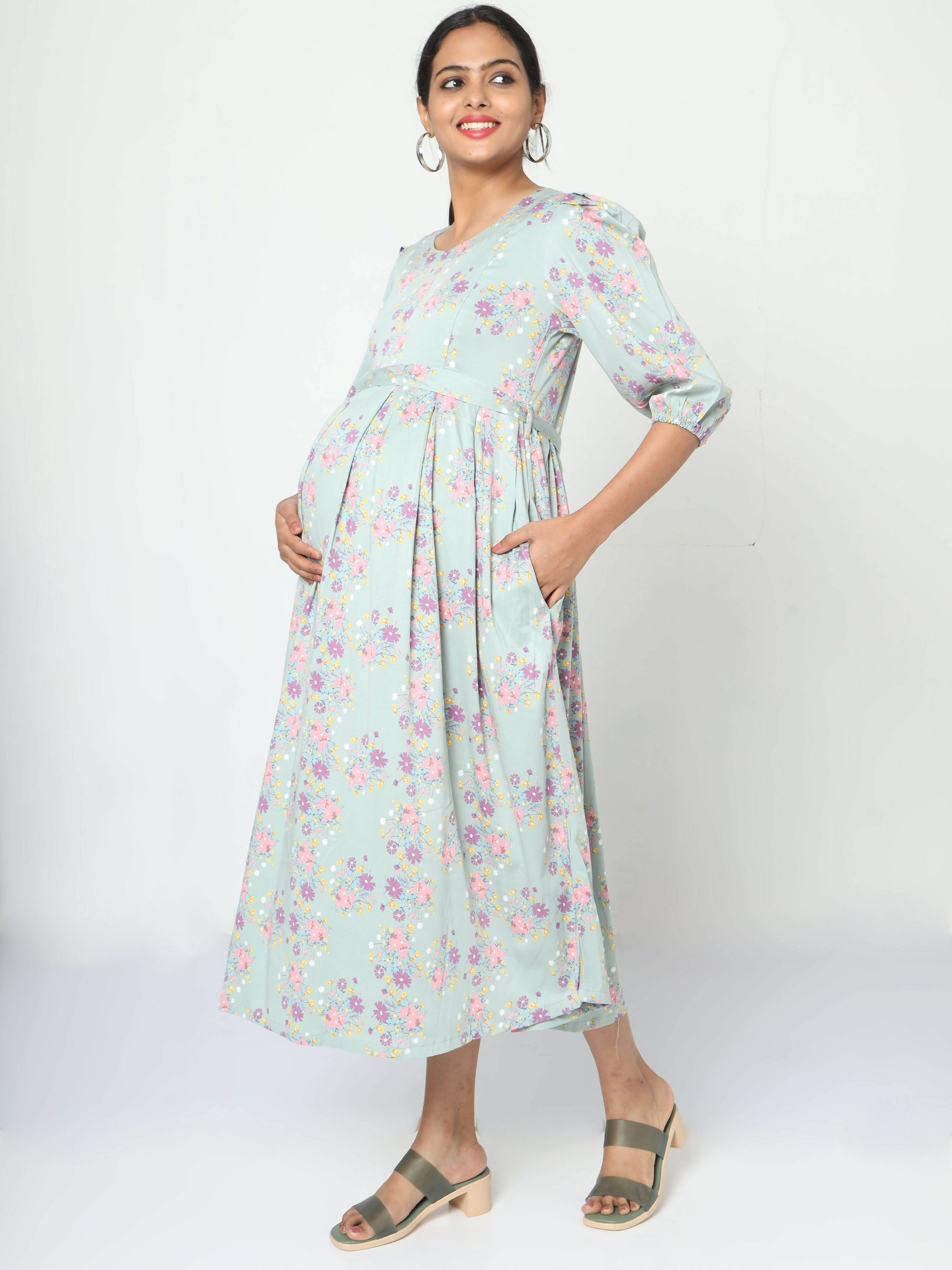 Manet Three Fourth Maternity Dress Pink Floral Print With Concealed Zipper Nursing Access - Green