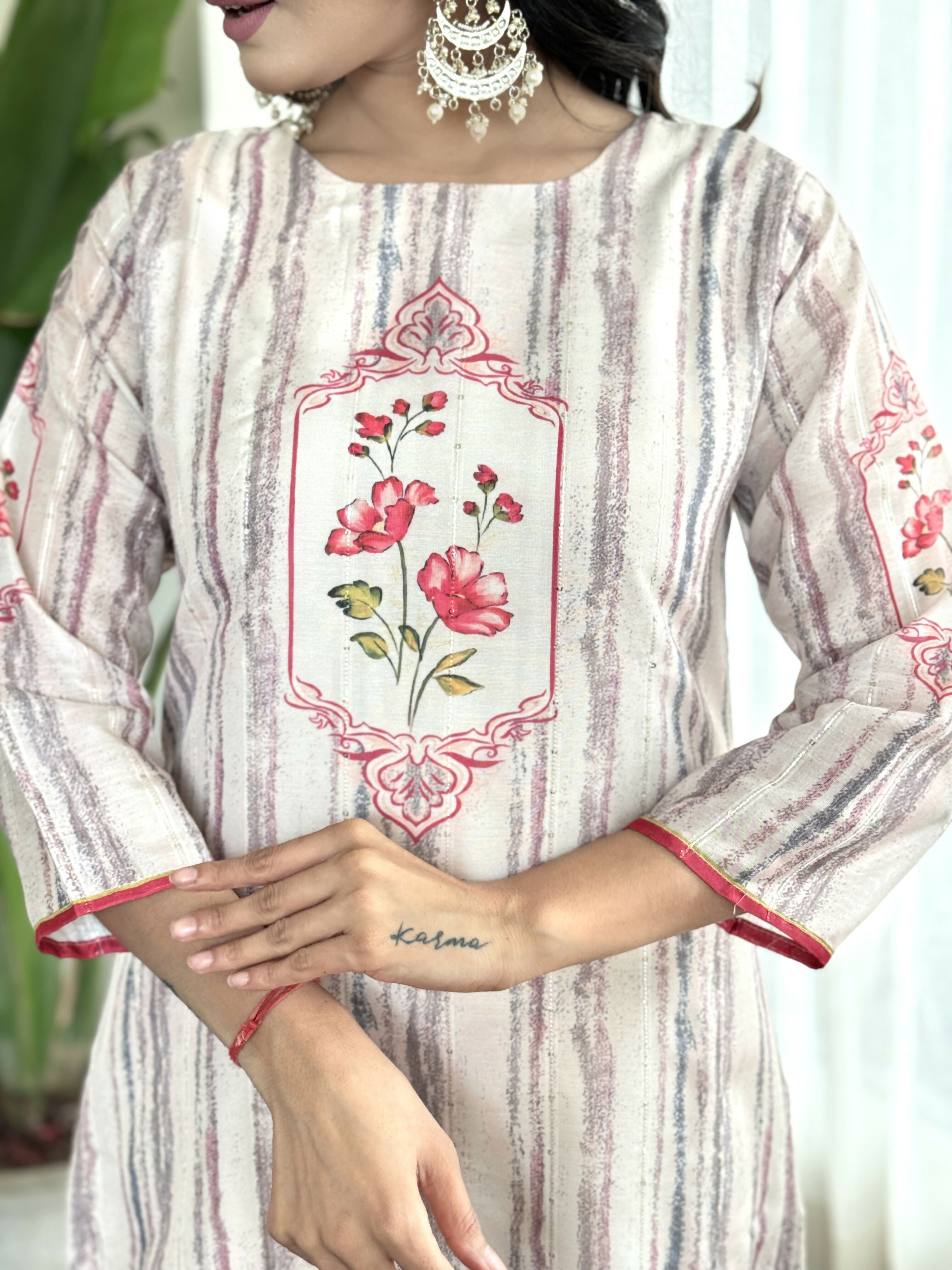 White Multi Viscose Chanderi Stitched Suit With Dupatta - Tanisha