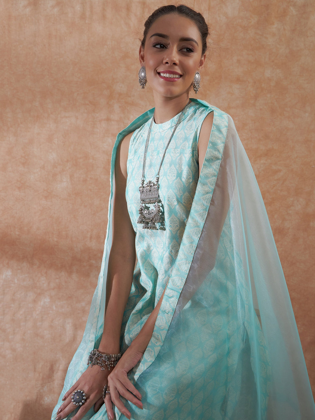 InWeave Women's Powder Blue Jacquard Halter Kurta Set W Powder Blue Or Dupatta