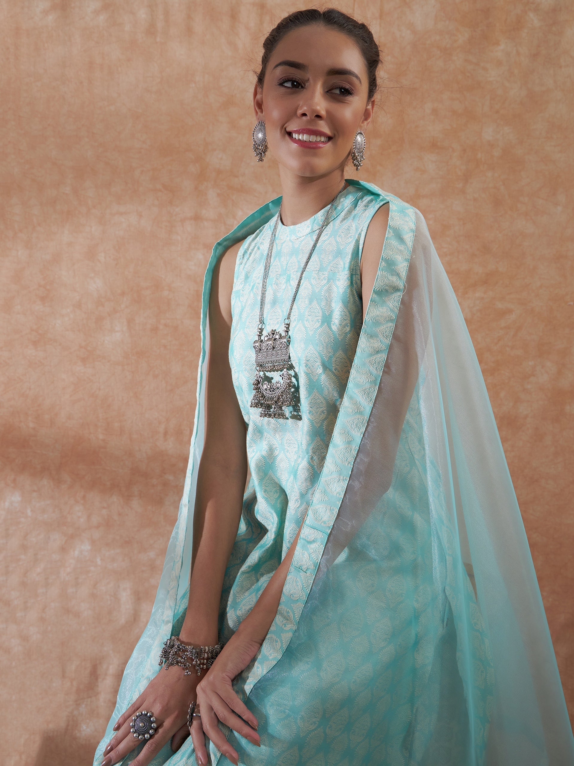 InWeave Women's Powder Blue Jacquard Halter Kurta Set W Powder Blue Or Dupatta