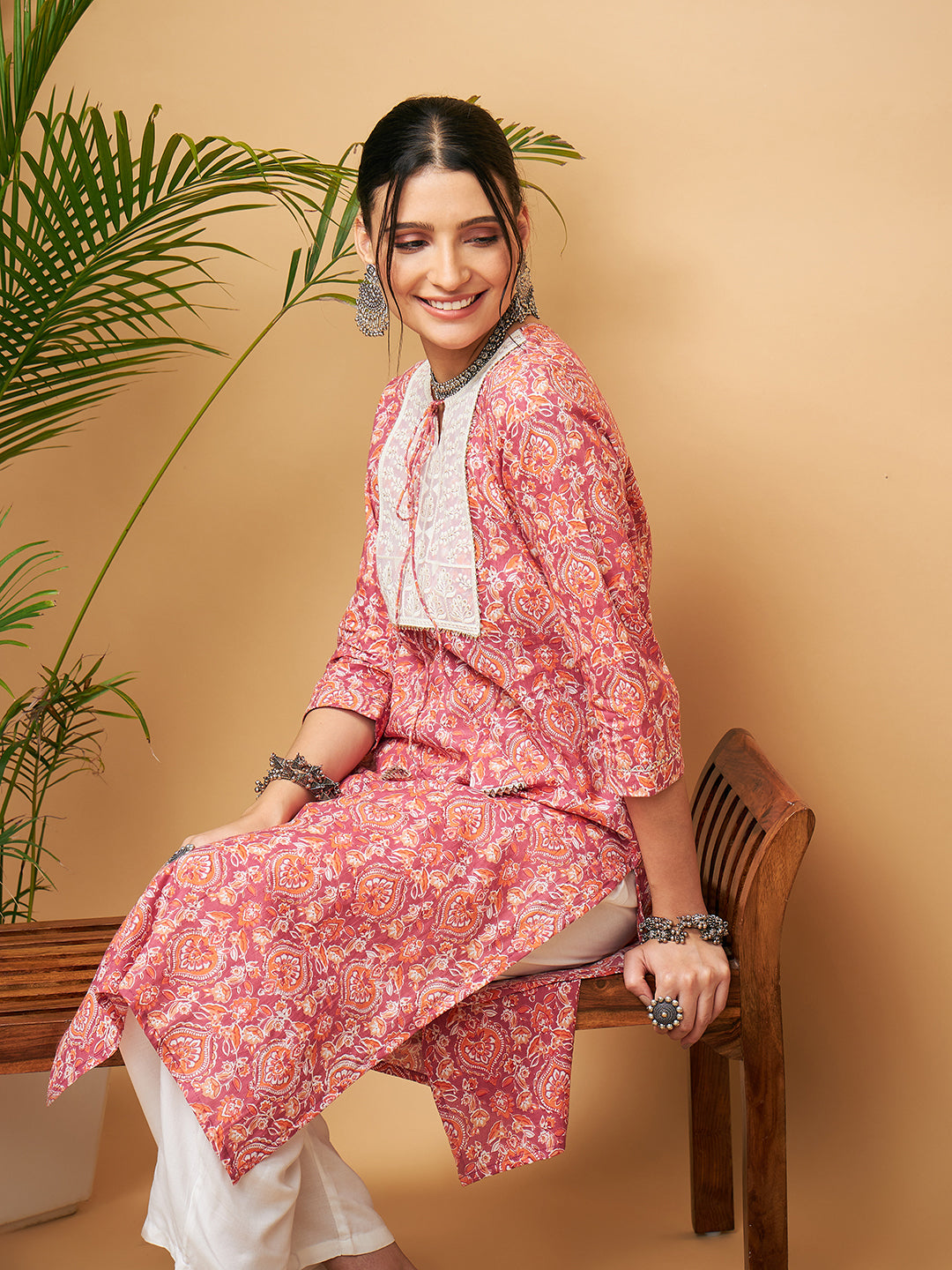 InWeave Women's Dusty Pink Paisley Patch Straight Kurta Pant Set