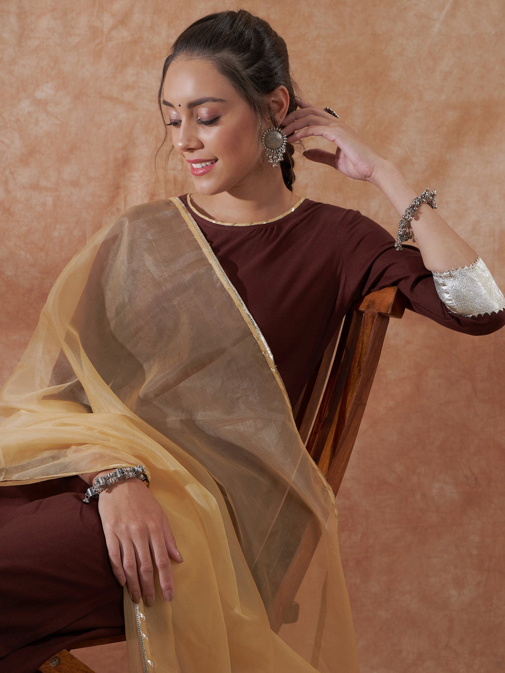 InWeave Women's Brown Gota Work Anarkali Kurta Set W Dupatta