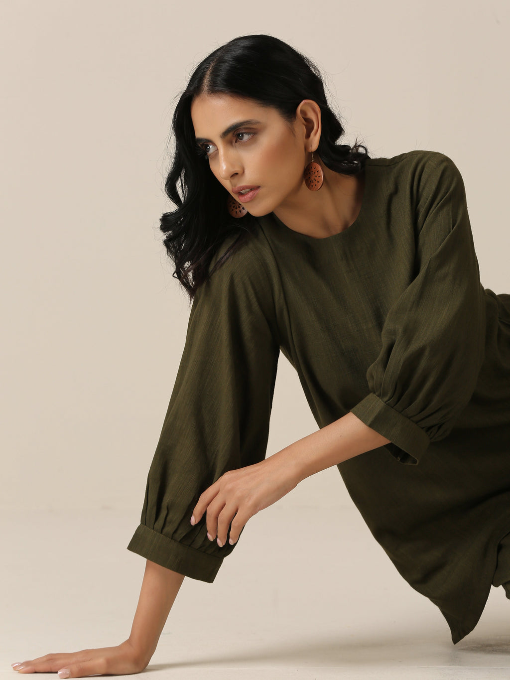 trueBrowns Olive Green Slub Texture Baggy Sleeve Co-Ord Set