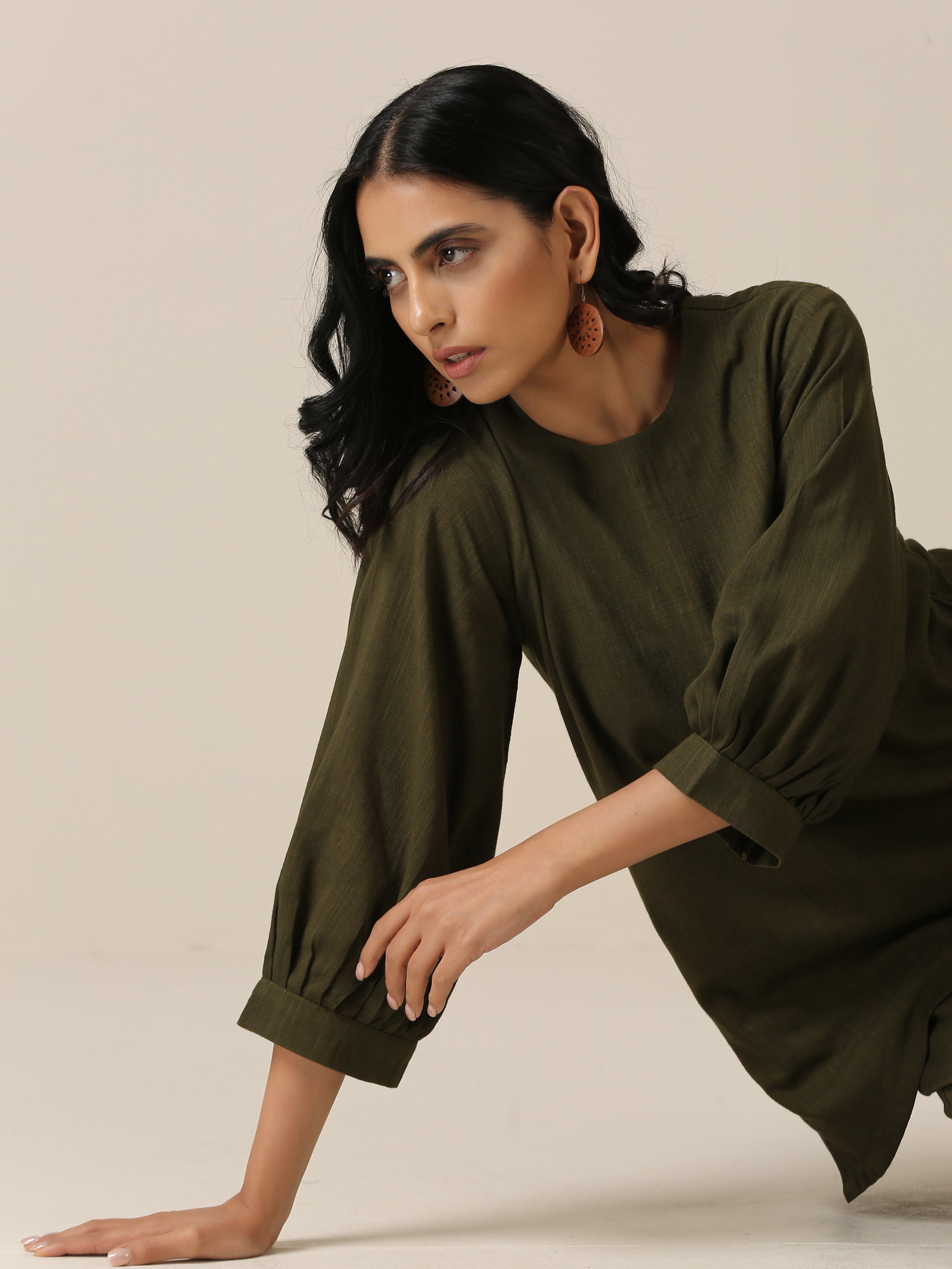 trueBrowns Olive Green Slub Texture Baggy Sleeve Co-Ord Set