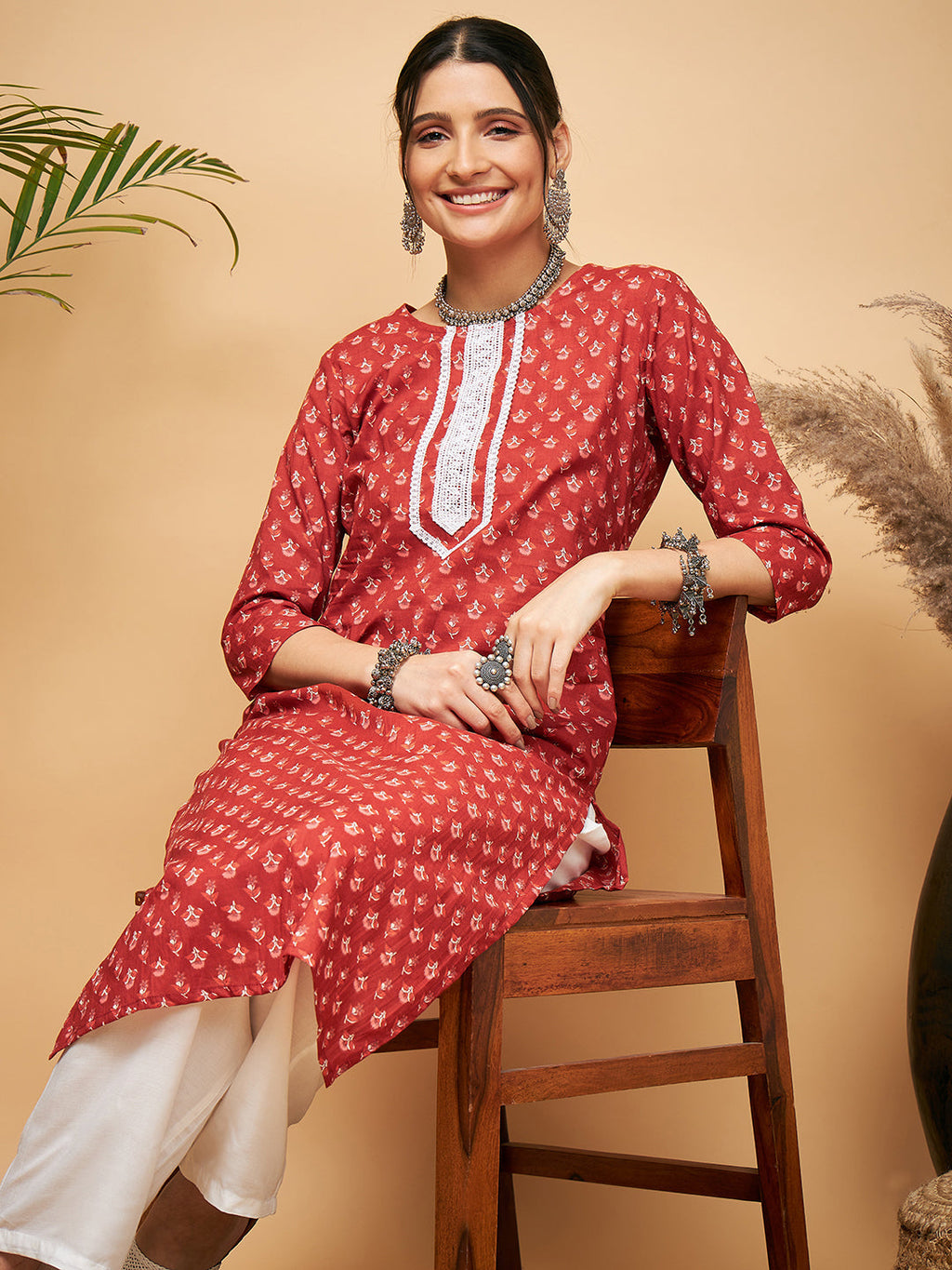 InWeave Women's Rust Small Floral Print Lace Straight Kurta Pant Set