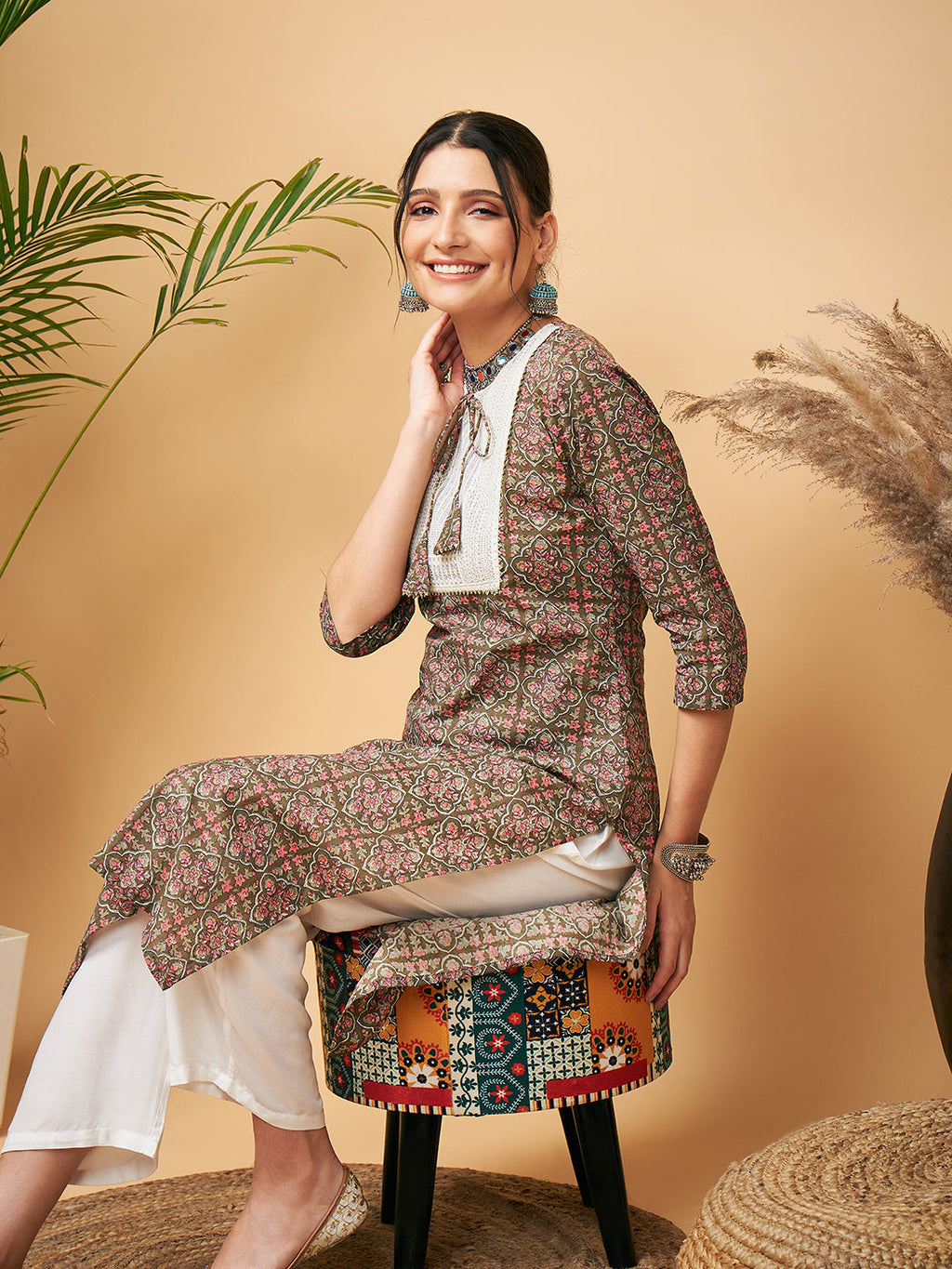 InWeave Women's Green Red Ajrakh Print Cotton Patch Work Straight Kurta Pant Set
