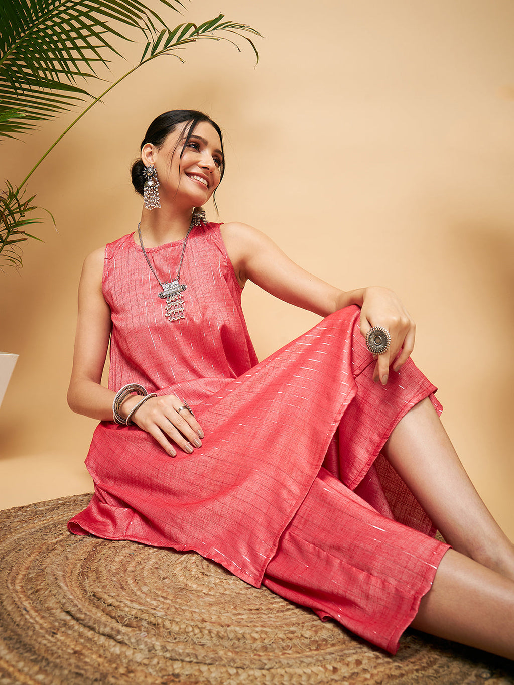 InWeave Women's Red Lurex Short Pallazo Kurta Set