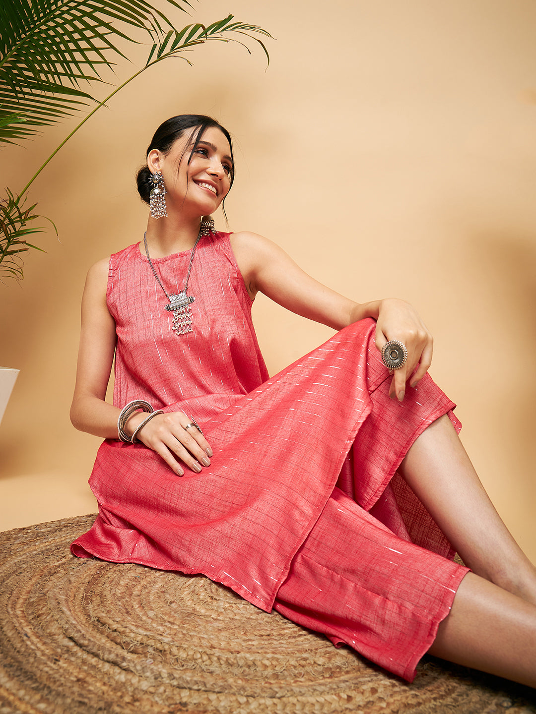 InWeave Women's Red Lurex Short Pallazo Kurta Set