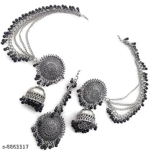 Tehzeeb Creations Women's Silver And Black Colour Oxidised Earrings With Tikka