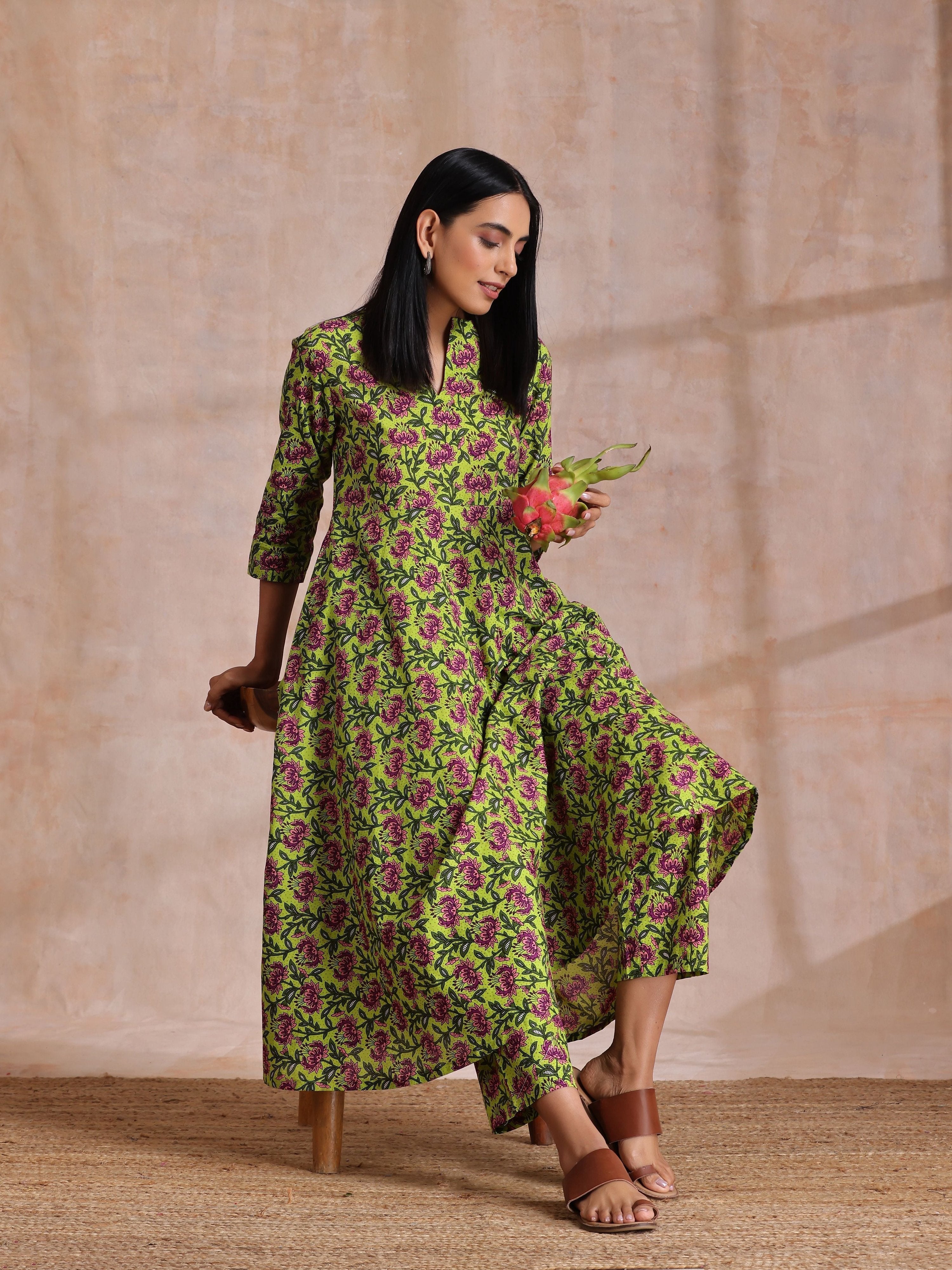 trueBrowns Lime Green Overall Pink Floral Block Print Cotton Flared Kurta Pant Set