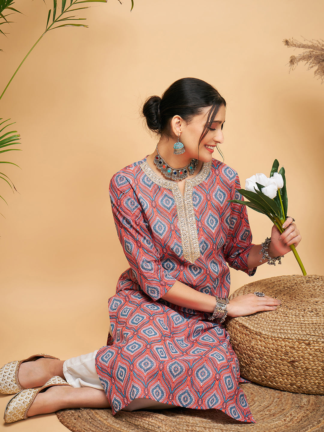 InWeave Women's Red Blue Ogee Print Gota Straight Kurta