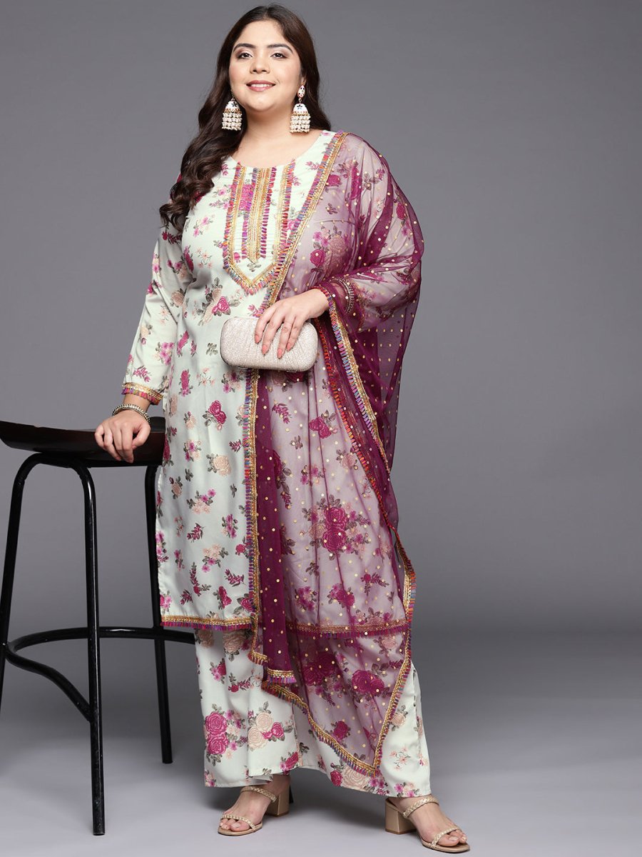Ahalyaa Plus Size Floral Printed Zari Kurta with Palazzos & With Dupatta