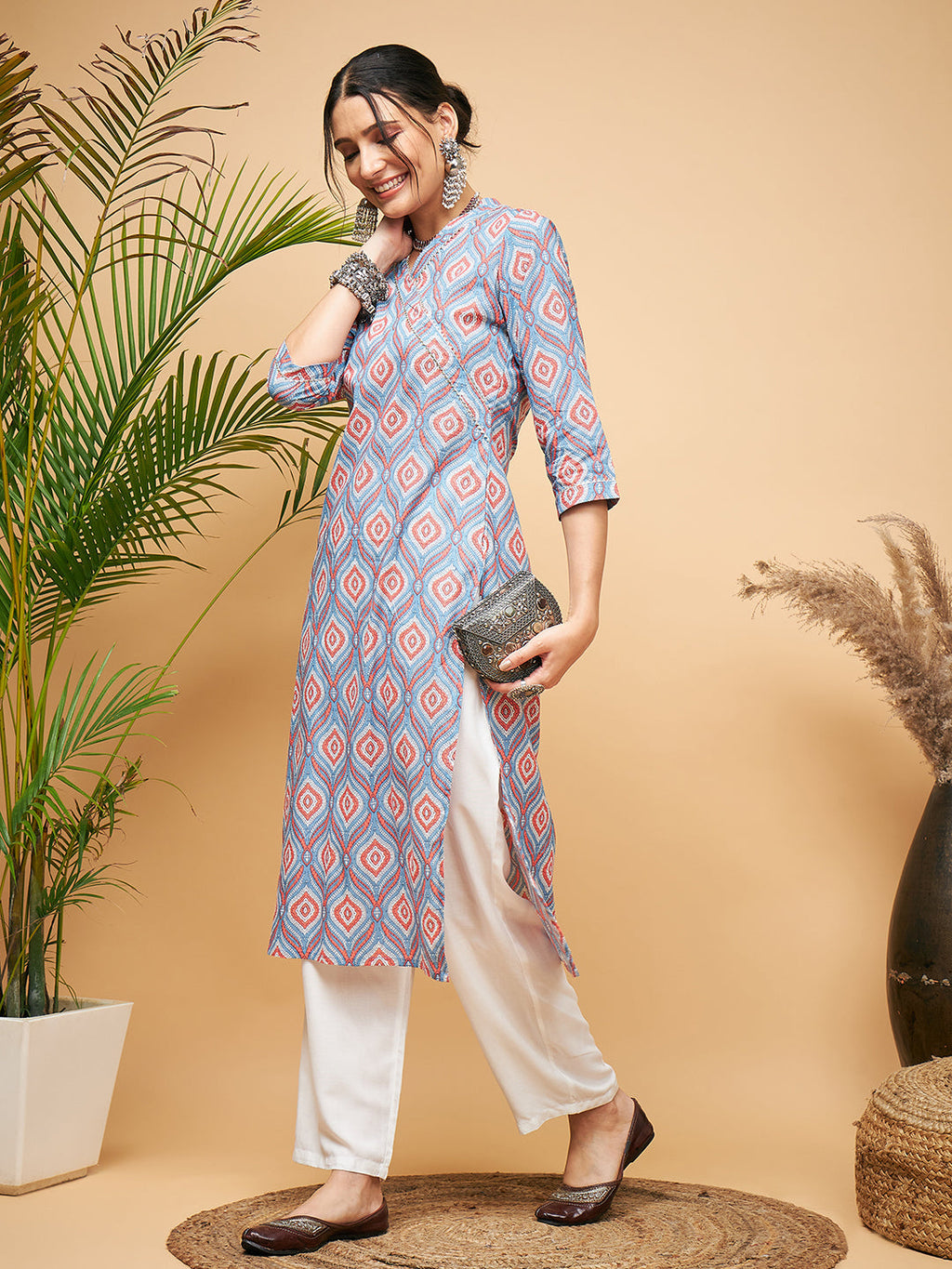 InWeave Women's Blue Pink Print Angrakha Style Straight Kurta Pant Set