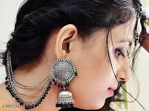Tehzeeb Creations Women's Silver And Black Colour Oxidised Earrings With Tikka