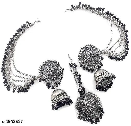 Tehzeeb Creations Women's Silver And Black Colour Oxidised Earrings With Tikka