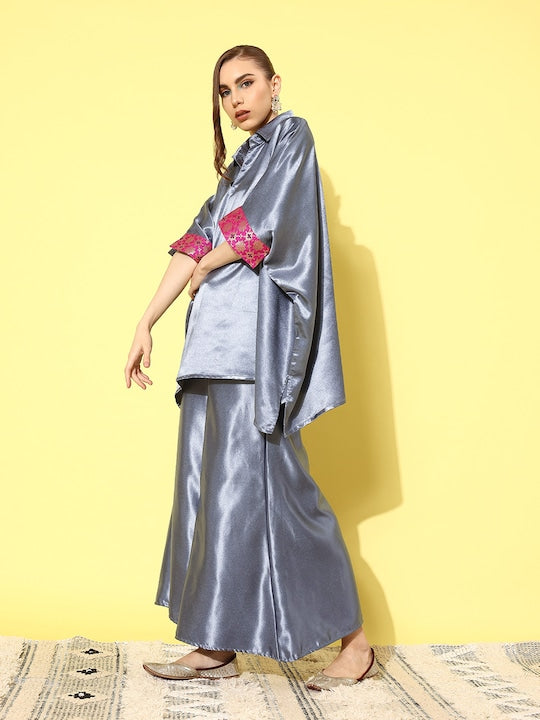 InWeave Women's Grey Pink Brocade Satin Boho Kurta Palazzo Set