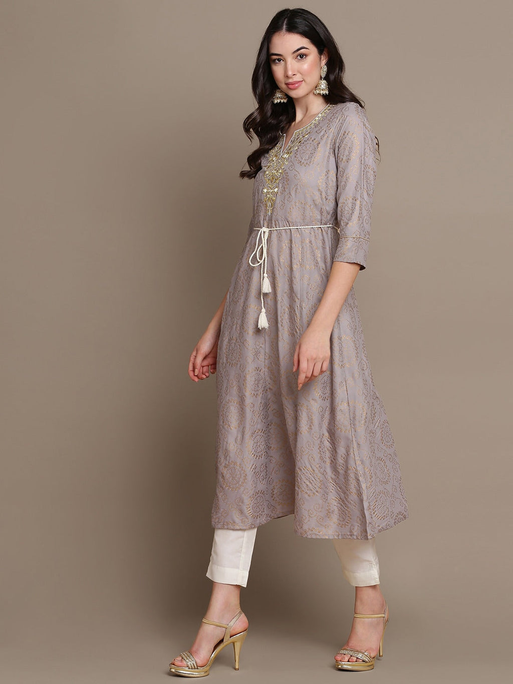 HERE&NOW Embroidered Bandhani Printed Notched Neck Thread Work Anarkali Kurta