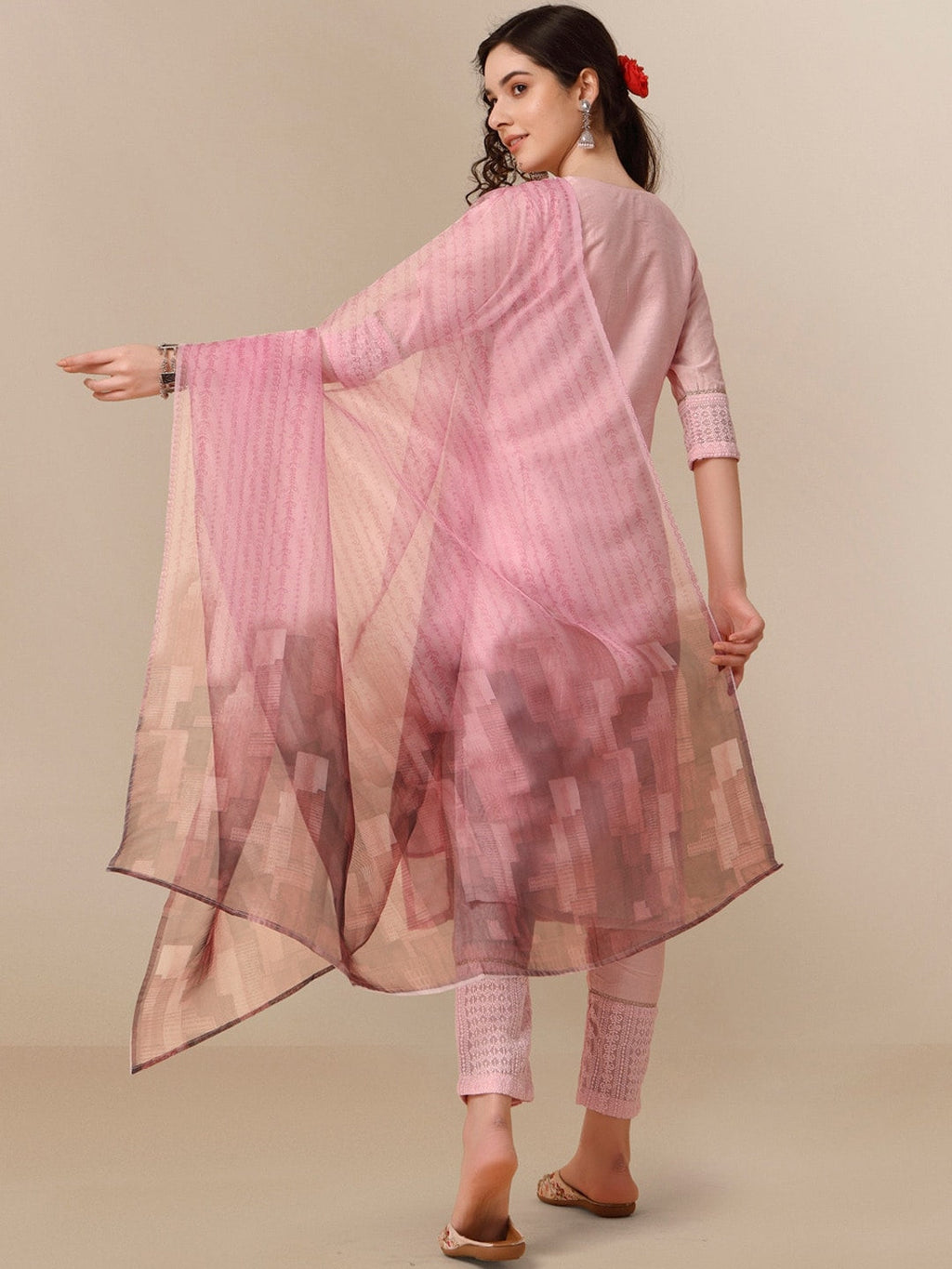 HERE&NOW Lucknowi Chikankari Schiffli Chanderi Silk Kurta Trousers with Organza Dupatta