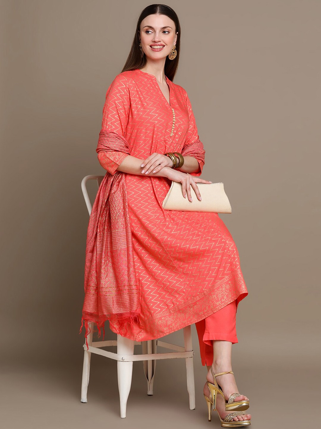 HERE&NOW Chevron Printed Kurta with Trousers & Dupatta
