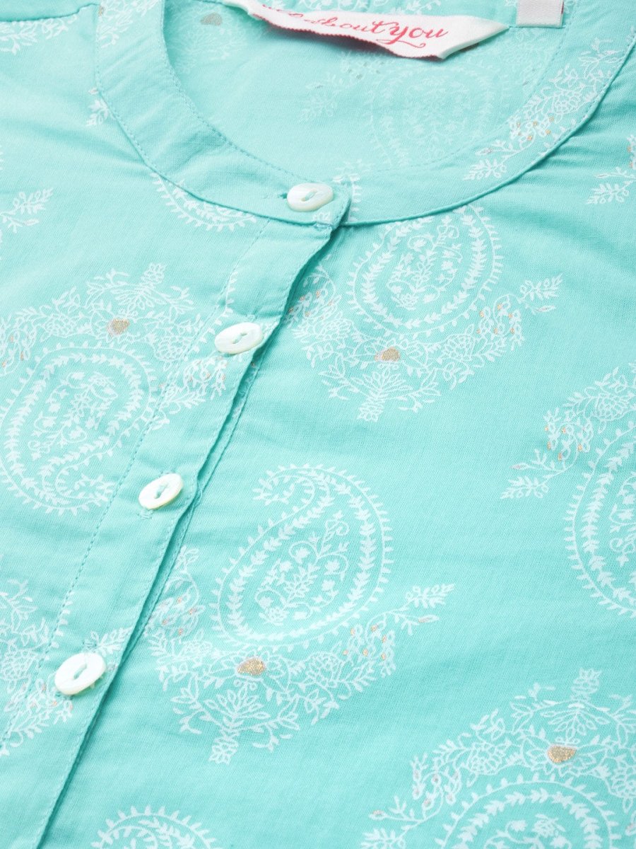 All About You Women Turquoise Blue & White Printed Pure Cotton Straight Kurta