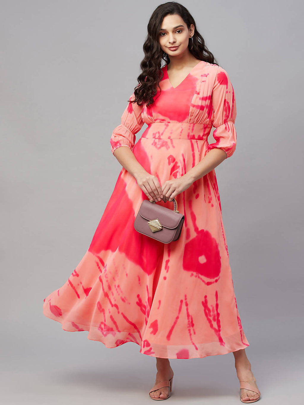 Myshka Stylish Printed 3/4 Sleeve ,V Neck Women Dress