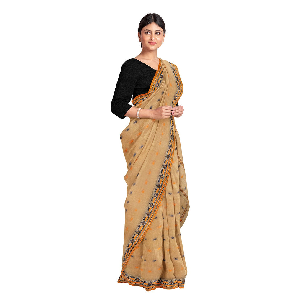Exclusive Collection 100% Pure Cotton Biege Tant Saree With Hand Weaving Work
