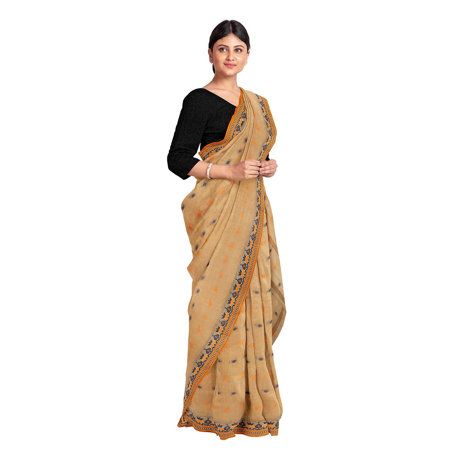 Exclusive Collection 100% Pure Cotton Biege Tant Saree With Hand Weaving Work