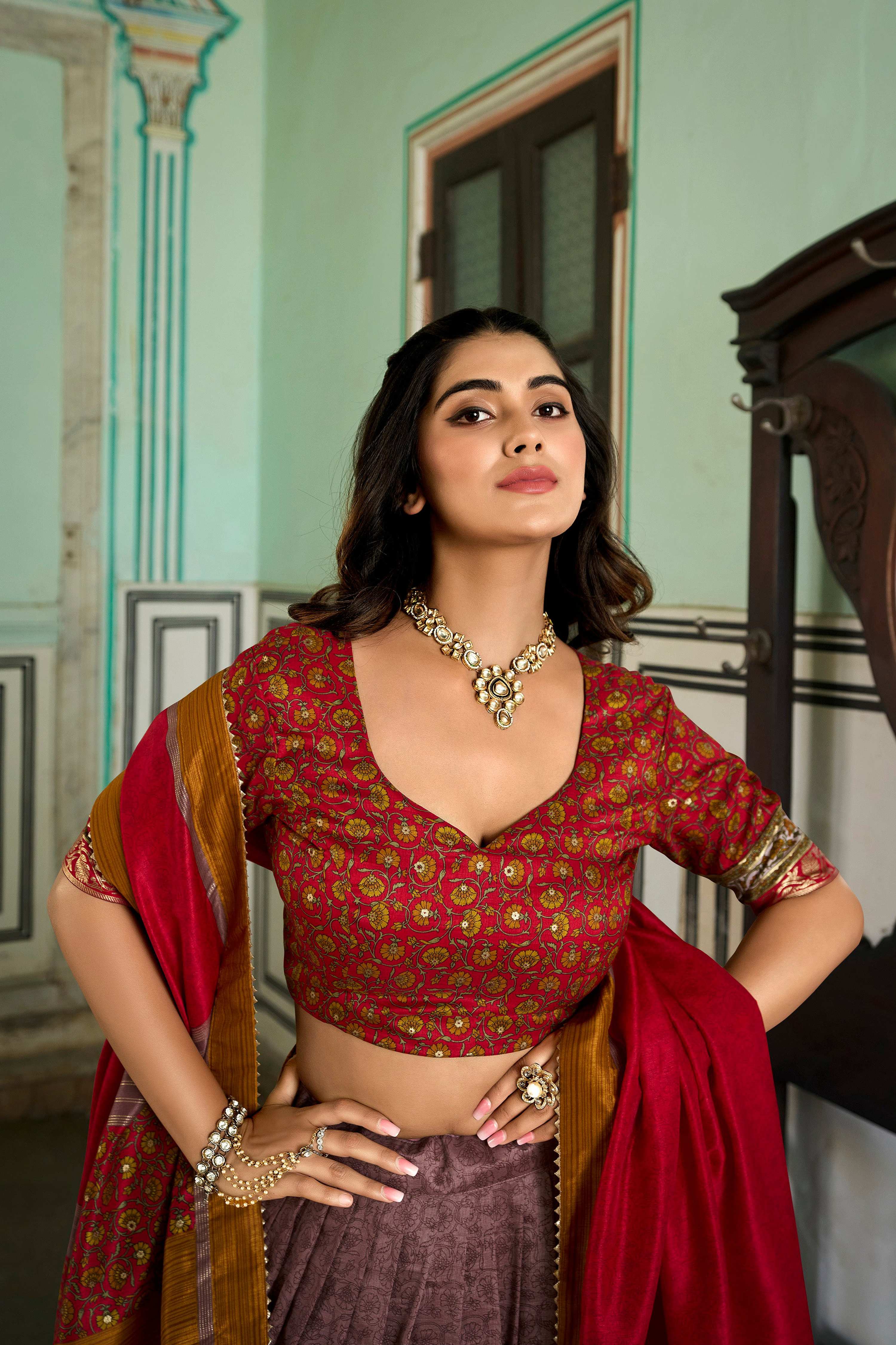 Lorenvalley Fashion Multicolor Tasar Silk Kashmiri Print With Foil Print Lehenga Choli with Dupatta