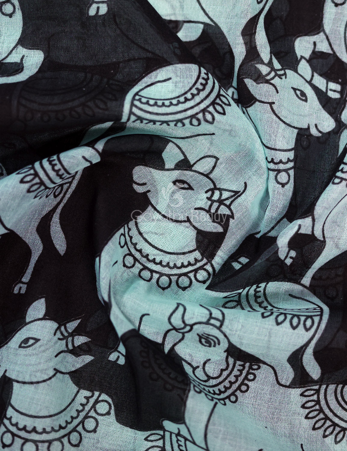Gleaming Sea Blue And Black Pichwai Print Cotton Linen Saree By Gayathri Reddy Designer Studio