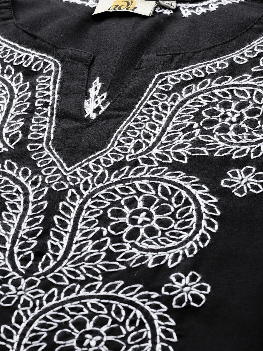 ADA Women Plus Size Black & White Chikankari Hand Embroidered Sustainable Straight Kurta