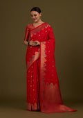 Monjolika Fashion Red Banarasi Silk Blend SareeWith Zari Woven Detailing