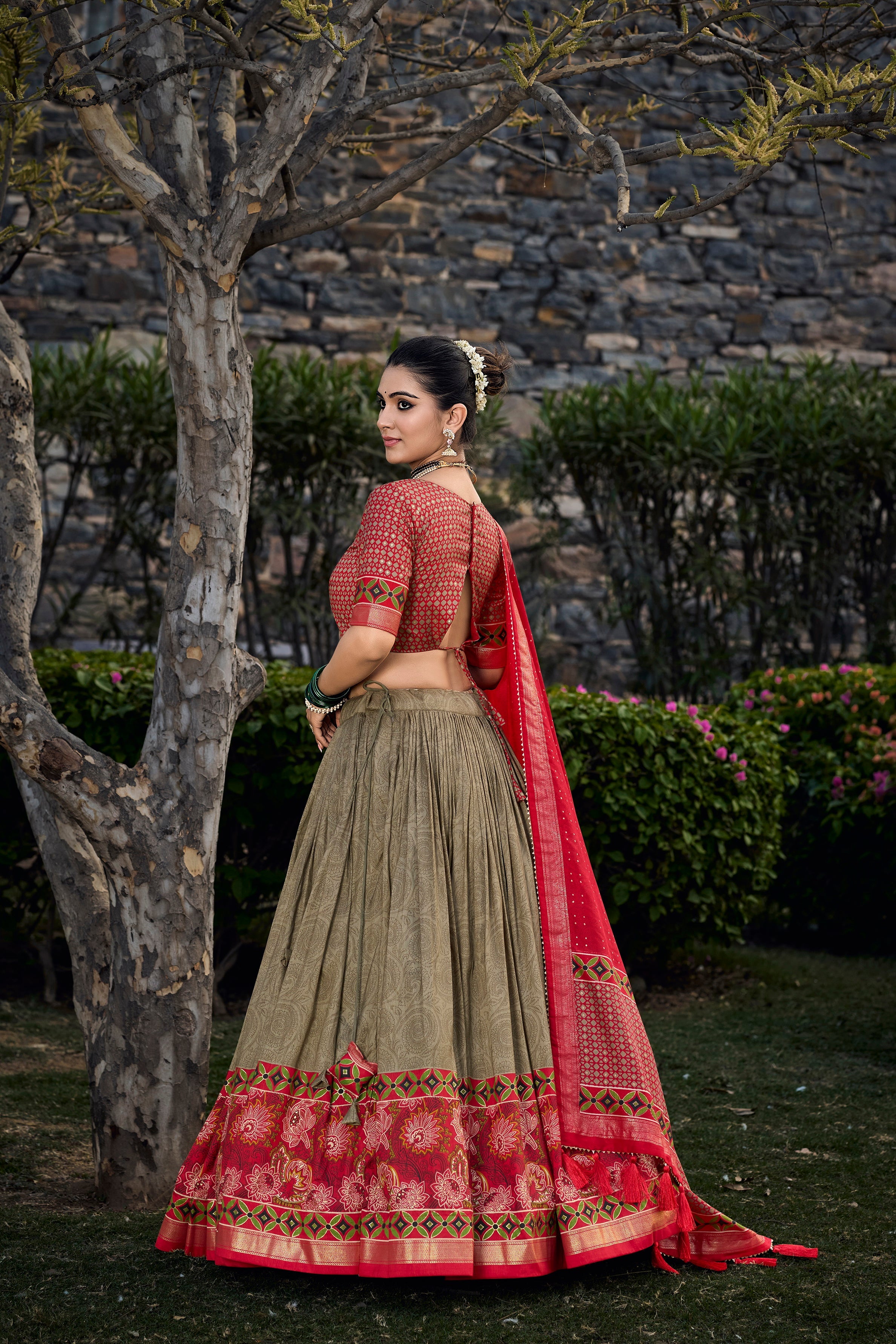Lorenvalley Maroon and Brown Tussar Silk Floral Print with Foil Printed Lehenga Choli
