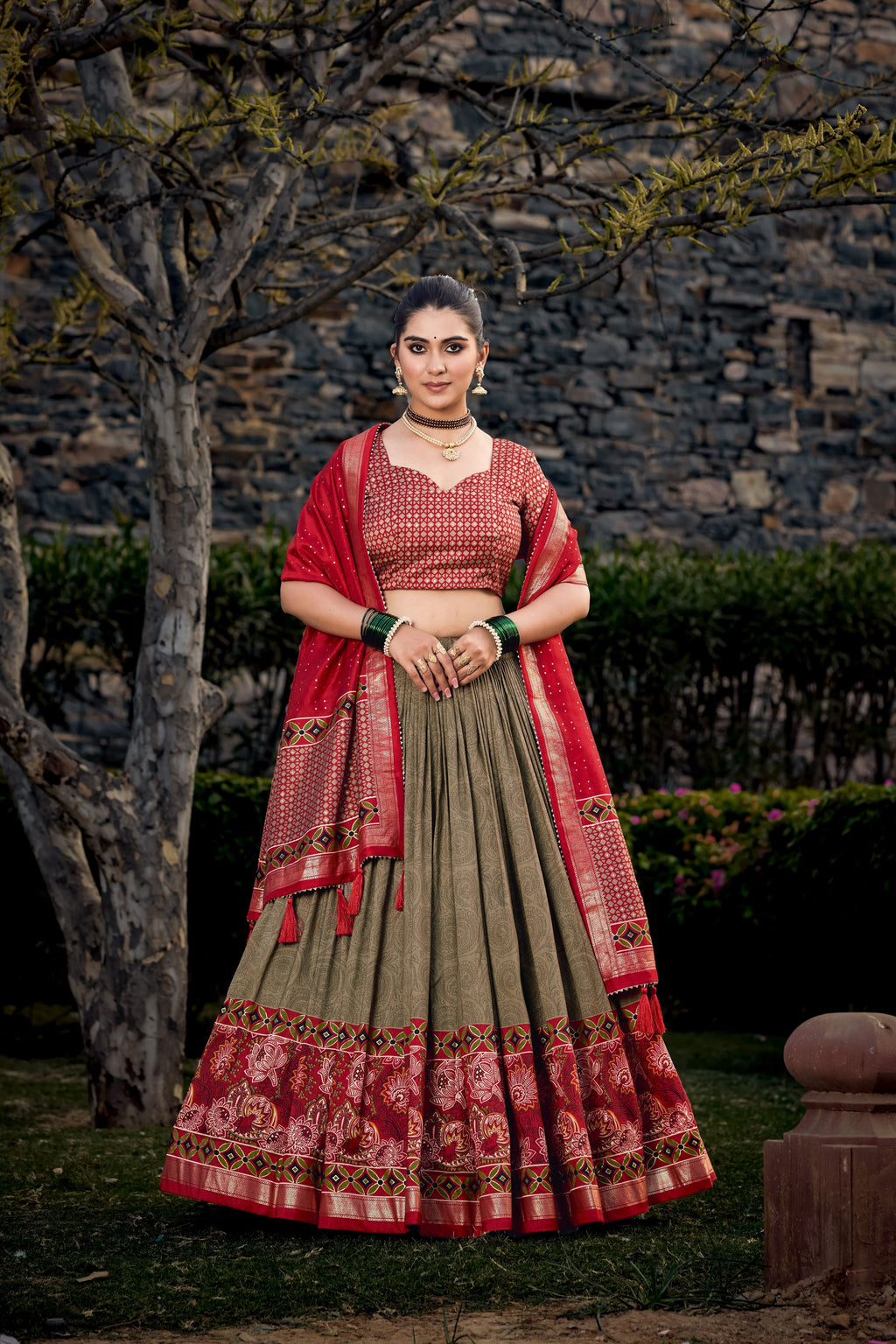 Lorenvalley Maroon and Brown Tussar Silk Floral Print with Foil Printed Lehenga Choli