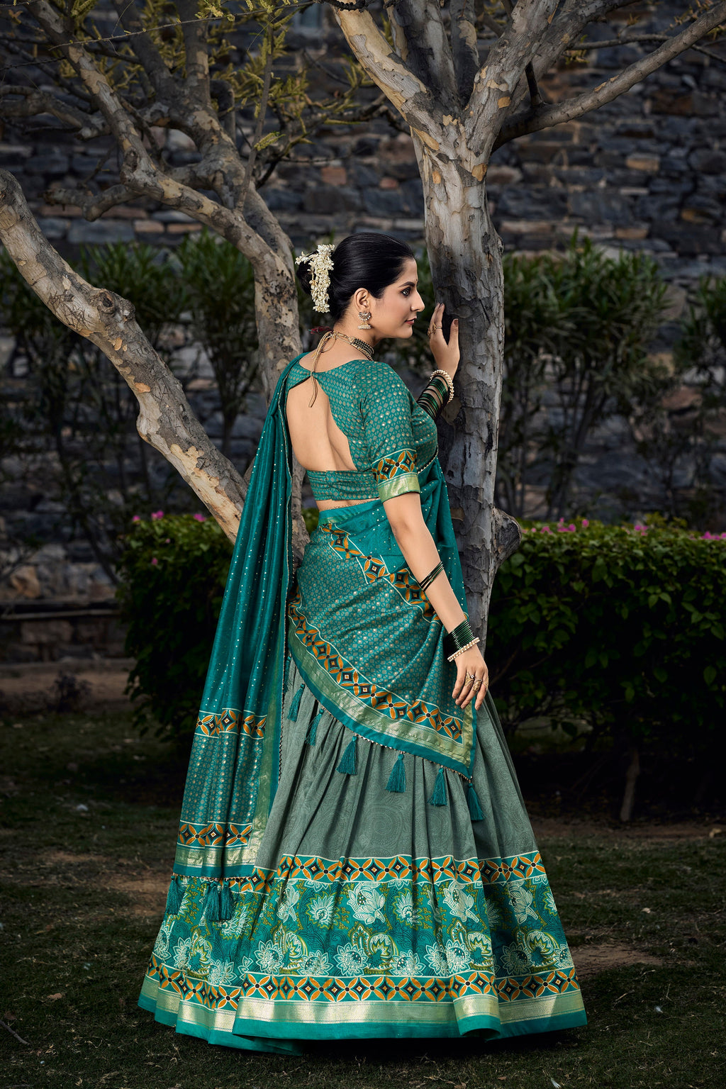 Lorenvalley Seagreen Tussar Silk Floral Print with Foil Printed Lehenga Choli