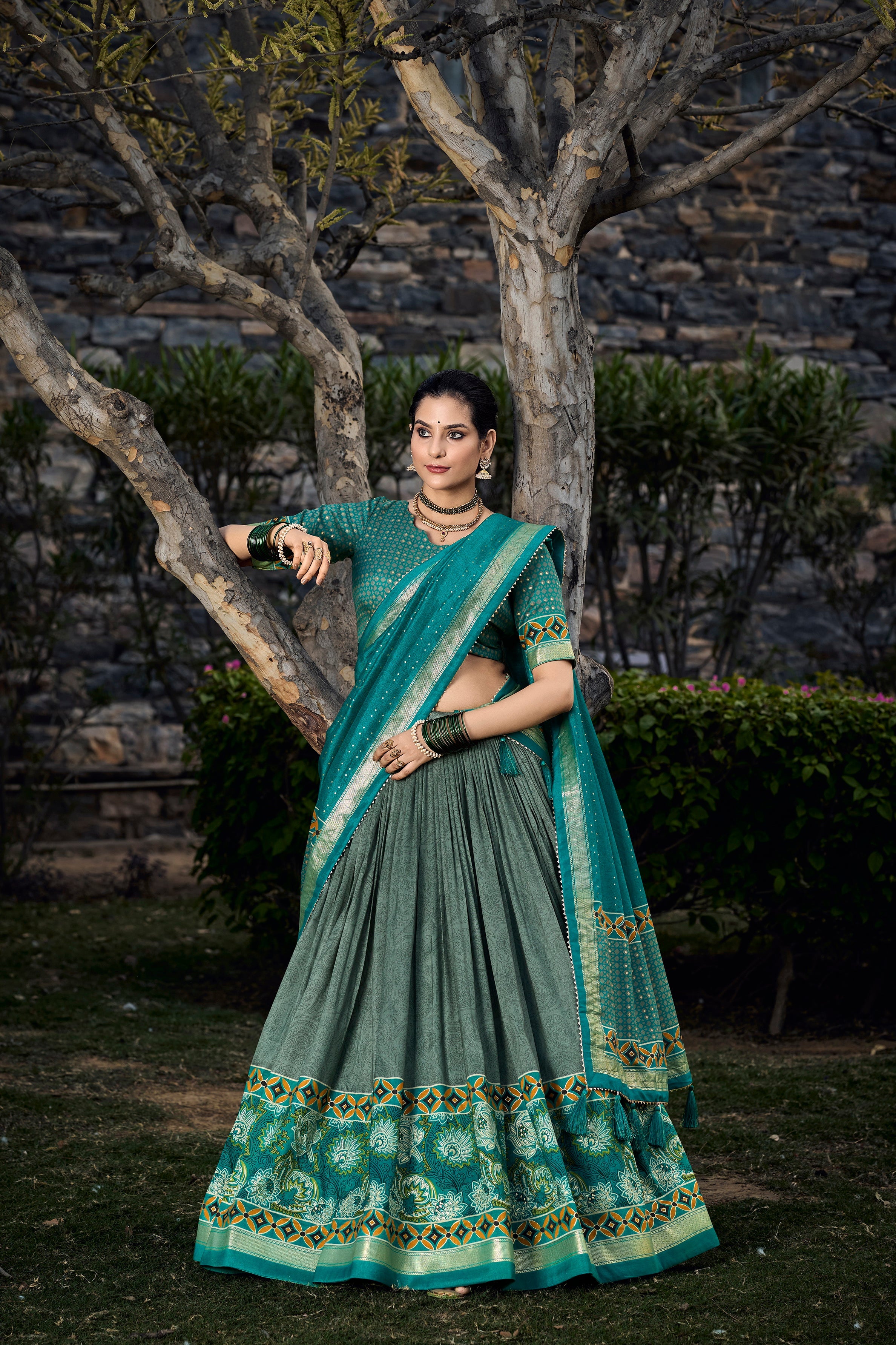 Lorenvalley Seagreen Tussar Silk Floral Print with Foil Printed Lehenga Choli