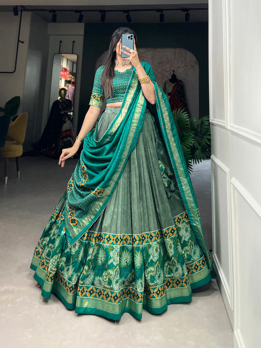 Lorenvalley Seagreen Tussar Silk Floral Print with Foil Printed Lehenga Choli